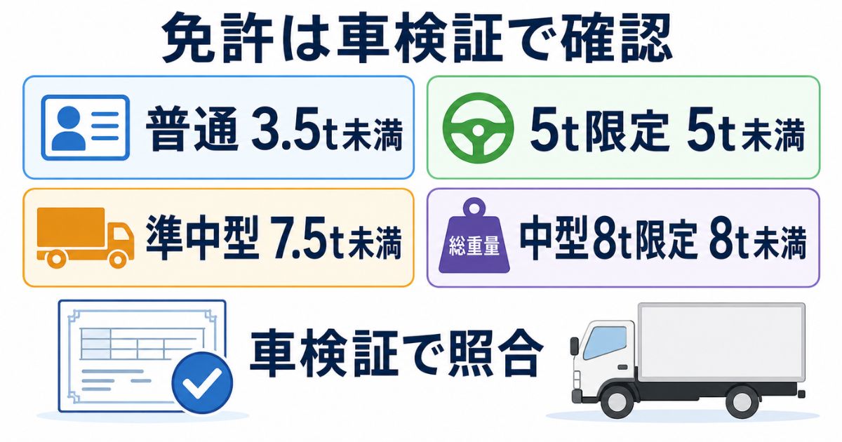 3トントラックのレンタカーで普通免許・準中型免許・中型8t限定の車両総重量を車検証で確認する図解