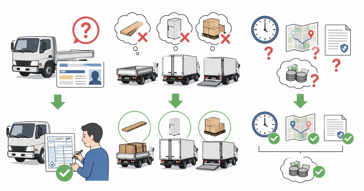 3トントラックのレンタカー手配で起きやすい見落としと確認ポイントを整理した図解