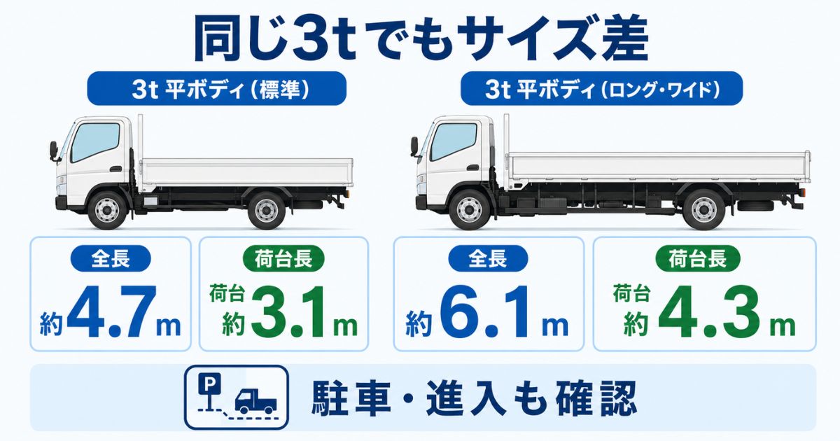 3トントラックのレンタカーで短め車両とロングワイド車両の全長と荷台長の違いを示した図解