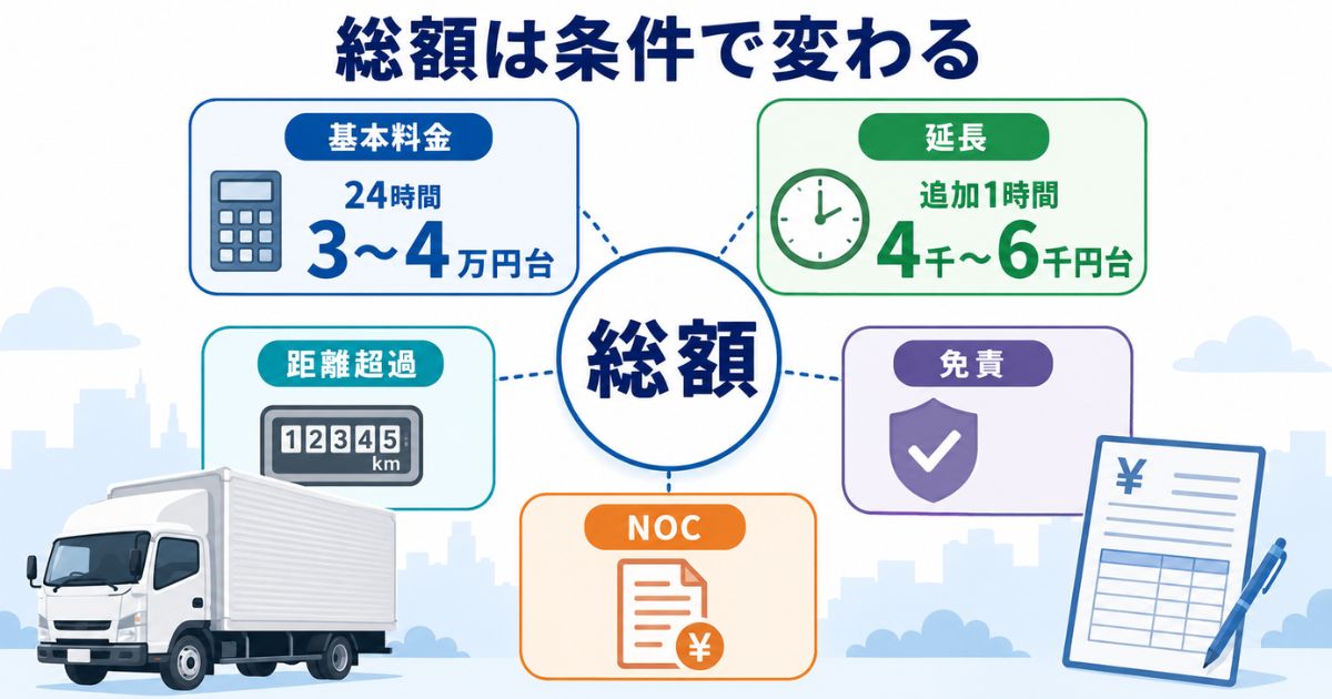 3トントラックのレンタカー料金が基本料金・延長・距離超過・免責・NOCで変わることを示した図解
