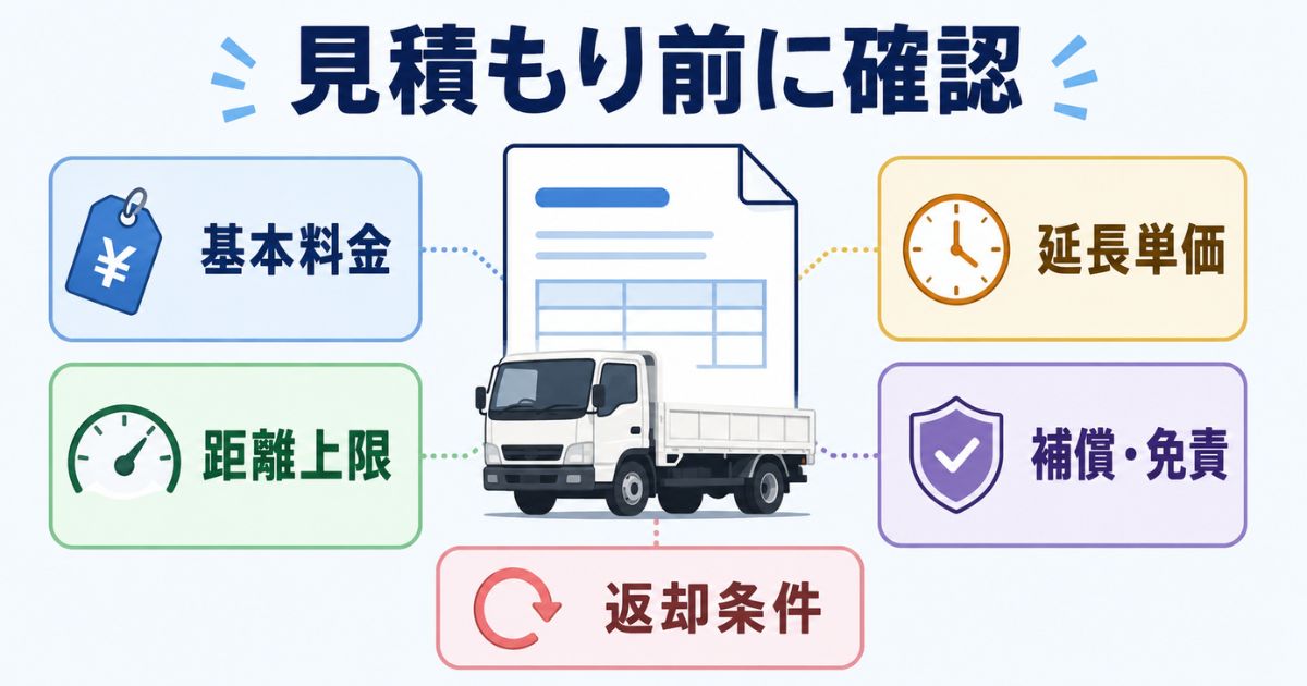 3トントラックのレンタル見積もり前に基本料金・距離上限・延長単価・補償・返却条件を確認する図解