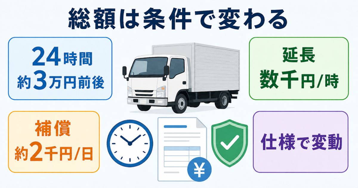 3トントラックのレンタル料金が24時間料金・延長料金・補償・車両仕様で変わることを示した図解