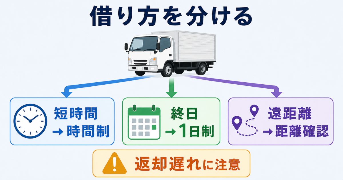 3トントラックのレンタルで時間制・1日制・距離条件を使い分ける判断軸を示した図解