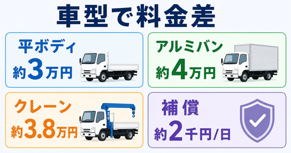 3トントラックのレンタル料金が平ボディ・アルミバン・クレーン付き・補償で変わることを示した比較図