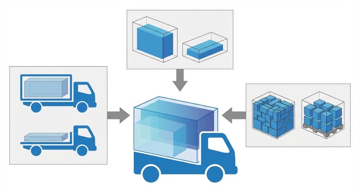 3トントラックの立米目安が条件によって変わることを示した文字なし図解