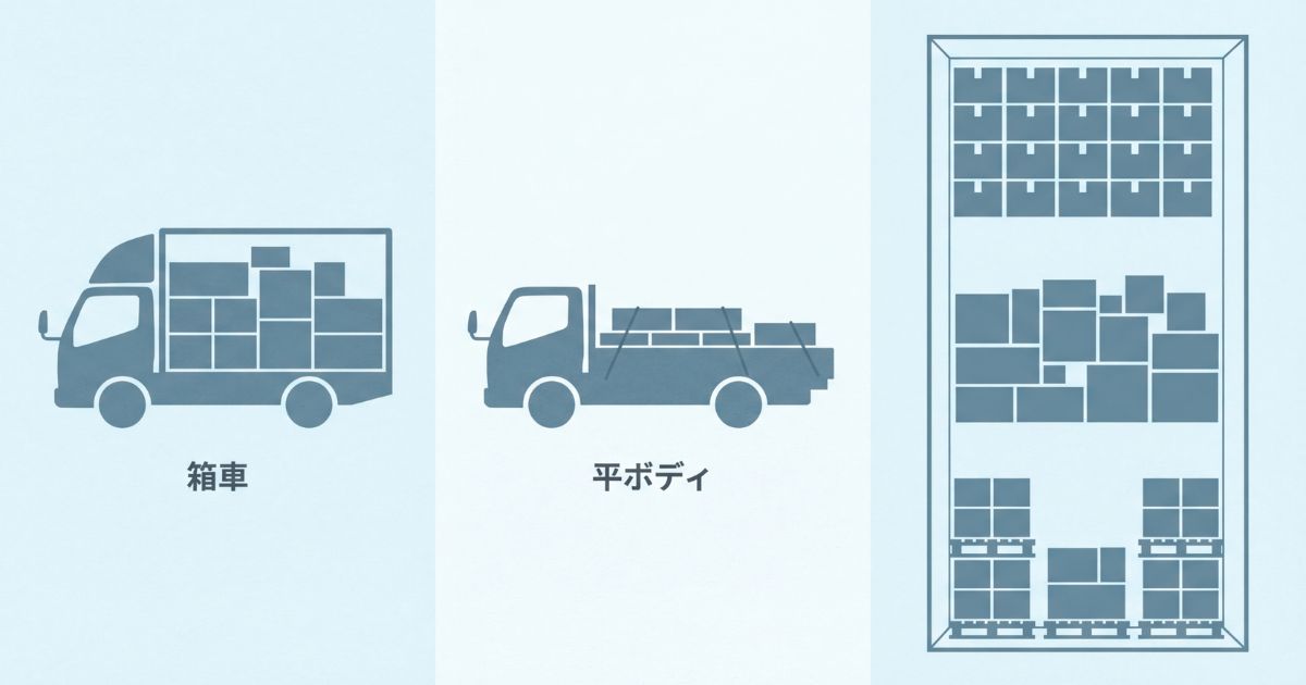 箱車・平ボディ・荷台内寸・積み方で立米の考え方が変わる比較図