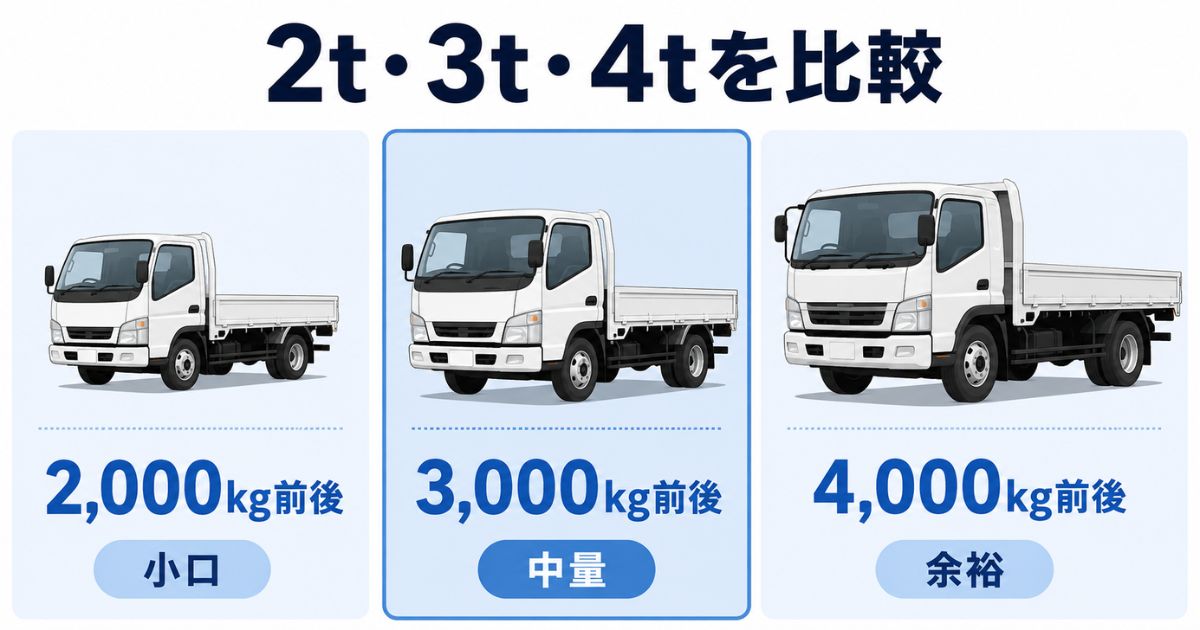 2t・3t・4tトラックの最大積載量の目安を比較した図解