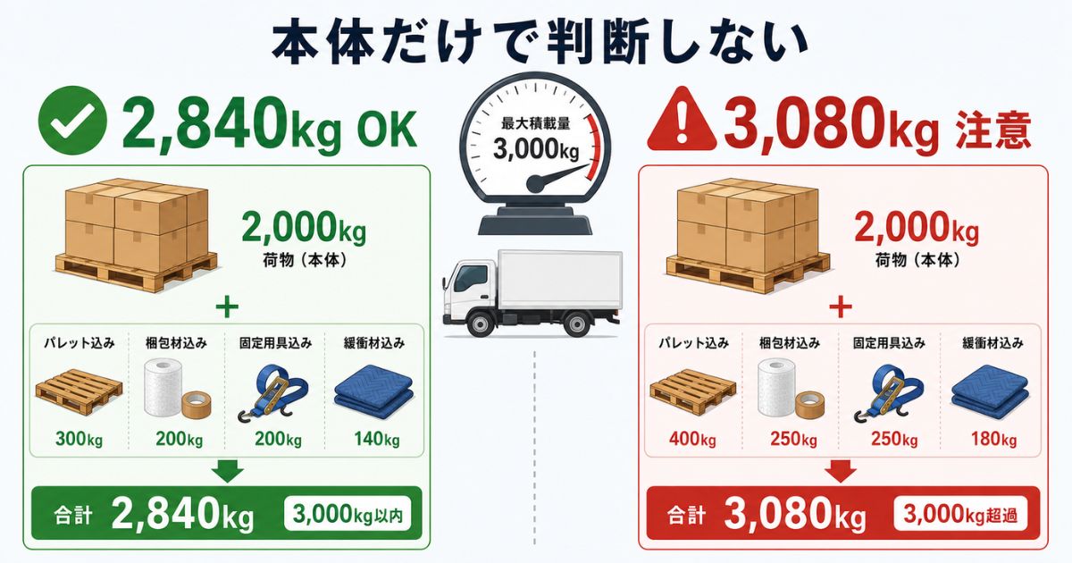 3トントラックで2,840kgは上限内、3,080kgは注意となる計算例の図解