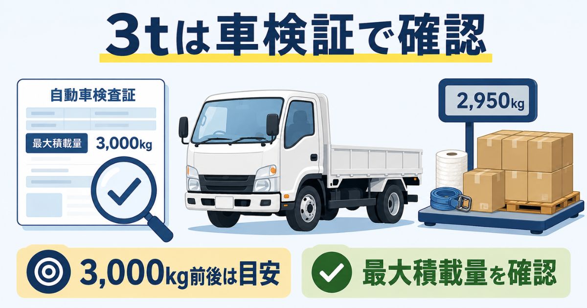 3トントラックの積載量は車検証の最大積載量で確認することを示した図解