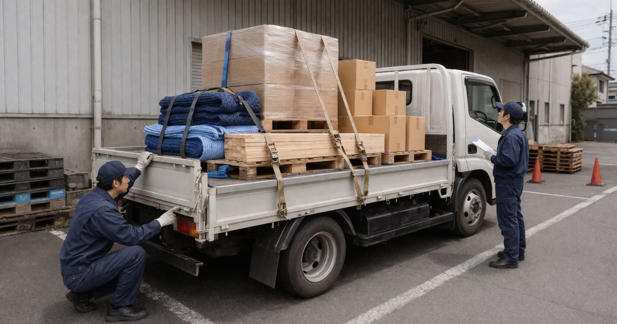 3トントラックの積み込み前に荷物と固定方法を確認している現場イメージ