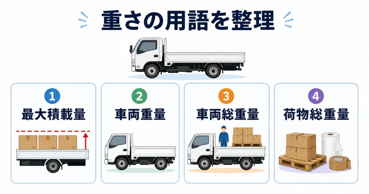 最大積載量・車両重量・車両総重量・荷物総重量の違いを整理した図解