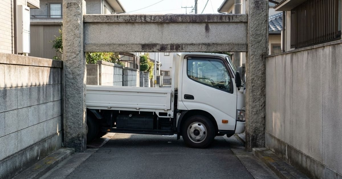 狭い門型ゲートを通過する3トントラック（車幅の余裕をイメージ）