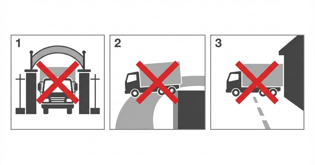 車幅で起きやすい失敗場面（入口・曲がり角・駐車）を示す図解