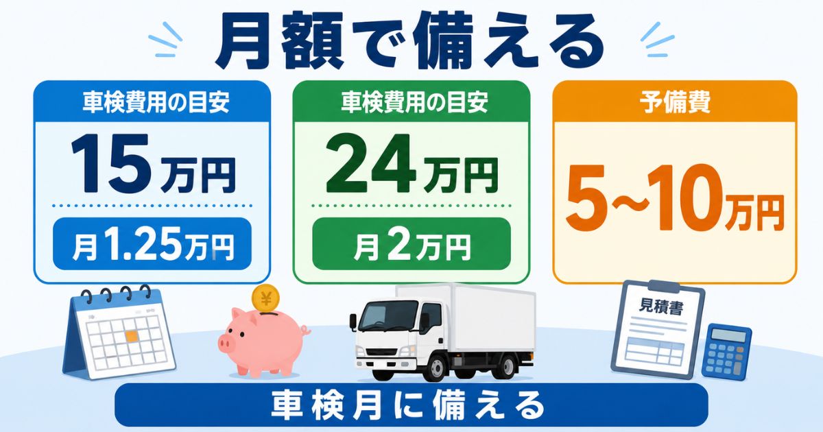 3トントラックの車検費用を15万円・24万円・予備費で月額積み立てする考え方を示した図解