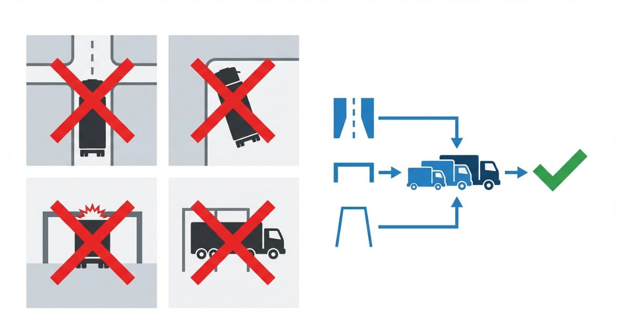 進入不可・切り返し詰み・高さ制限・駐車不可の失敗例と回避の流れを示す図解
