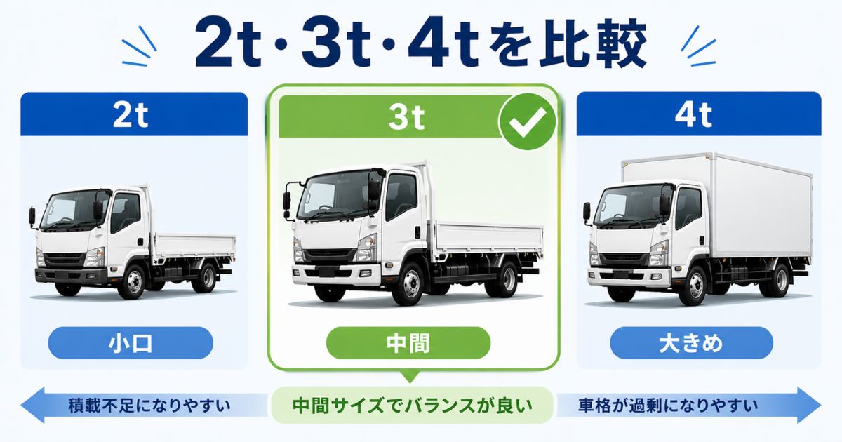 2t・3t・4tトラックのサイズ感と使い分けを比較する図解