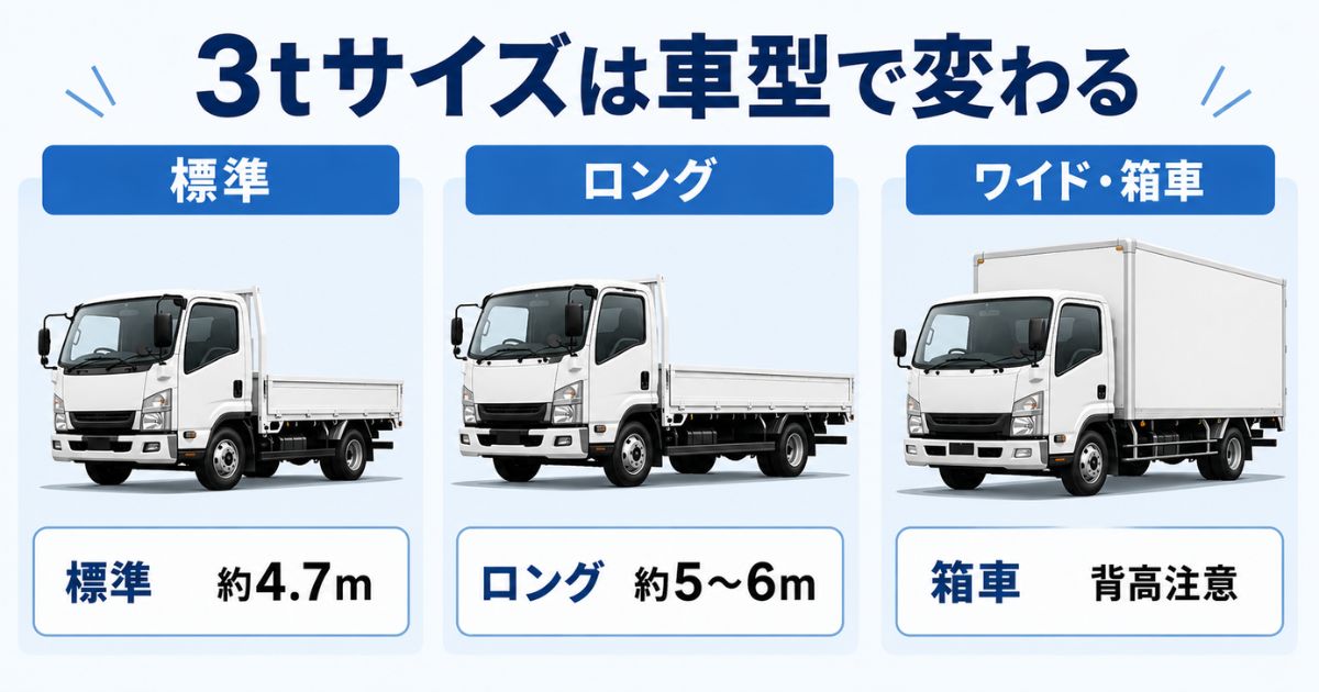 3トントラックの標準・ロング・ワイド箱車でサイズ目安が変わることを示す図解