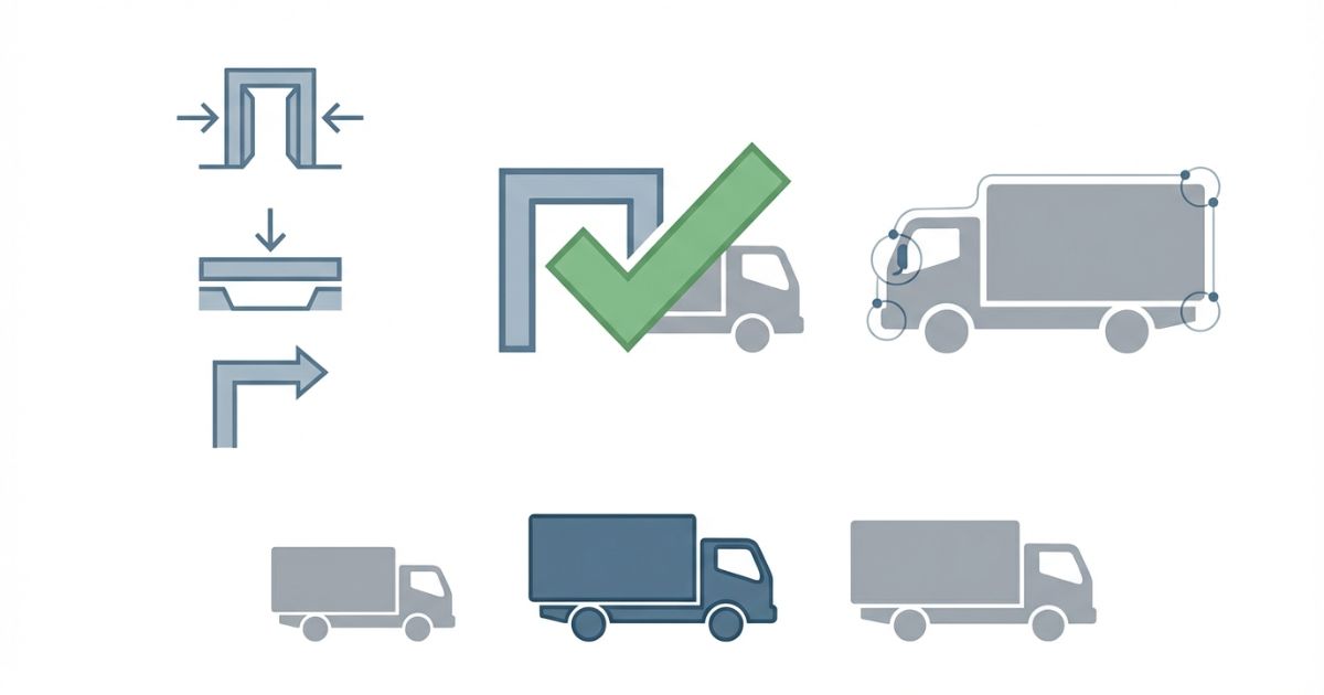 全長・全幅・全高を現場の最狭部と照合して判断する流れの図解