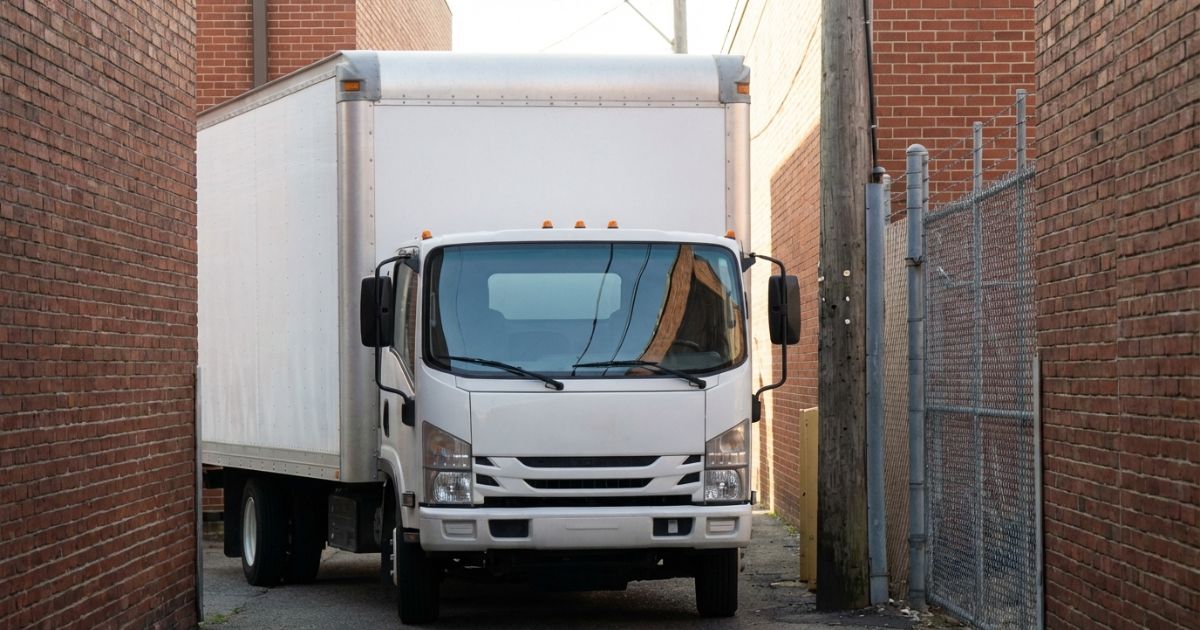 3トントラックのサイズ感と狭い現場の進入イメージが伝わる写真