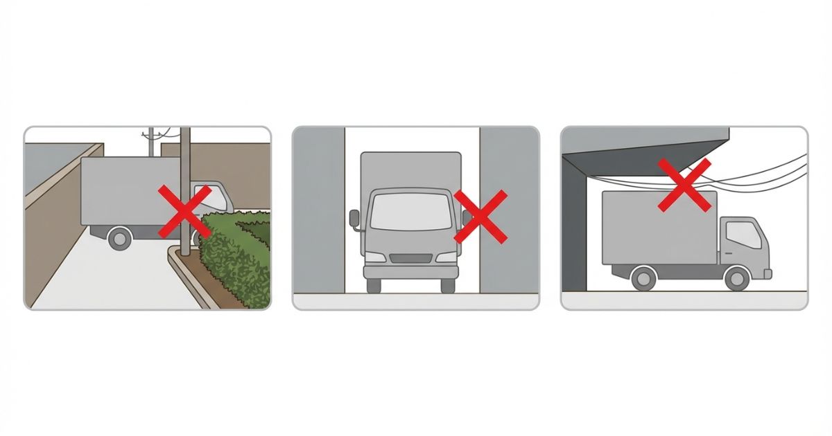 狭い現場で詰みやすい失敗例(有効幅・出っ張り・高さの見落とし)の図解