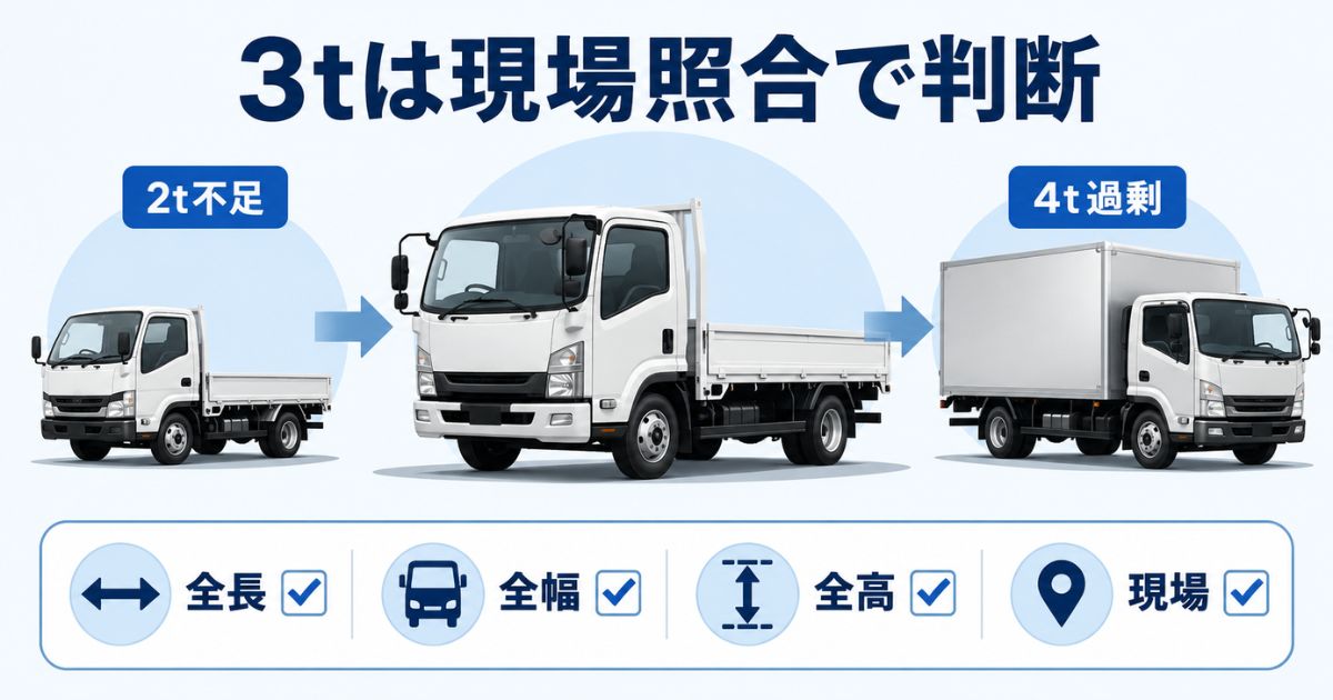3トントラックは全長・全幅・全高と現場条件を照合して判断することを示す図解