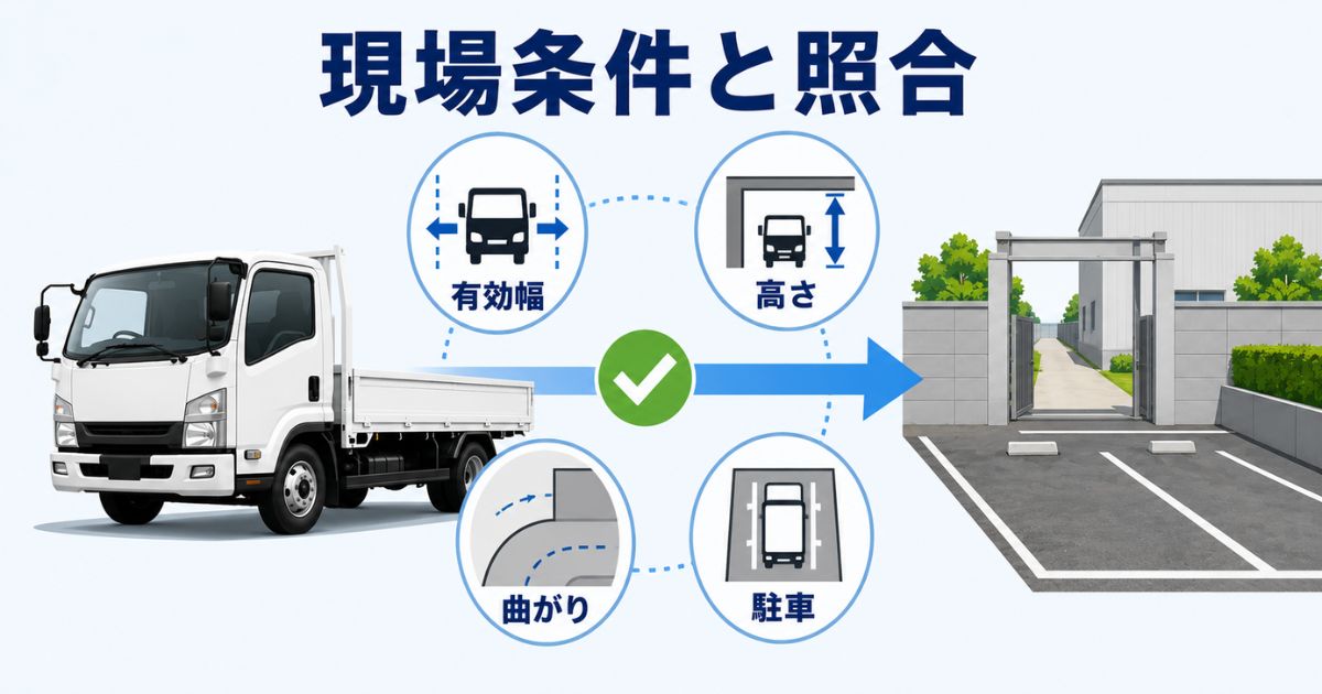 3トントラックの寸法を有効幅・高さ・曲がり角・駐車位置と照合する流れの図解