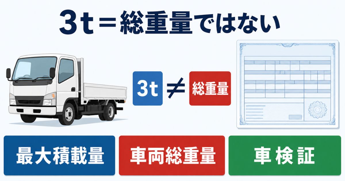 3トントラックの3tは総重量ではなく車検証で確認することを示す図解