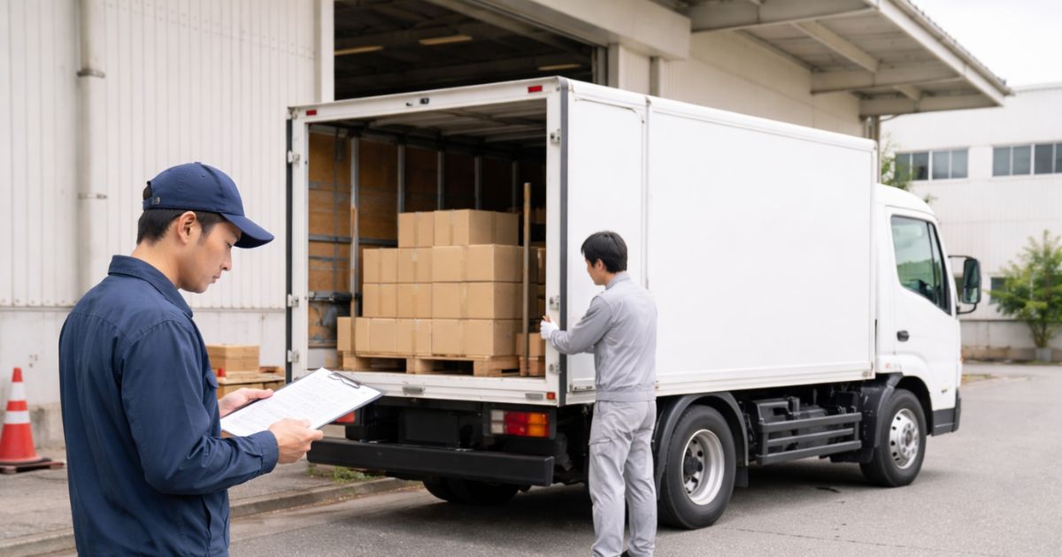 3トントラックの運行前に車検証と荷物条件を現場確認している様子