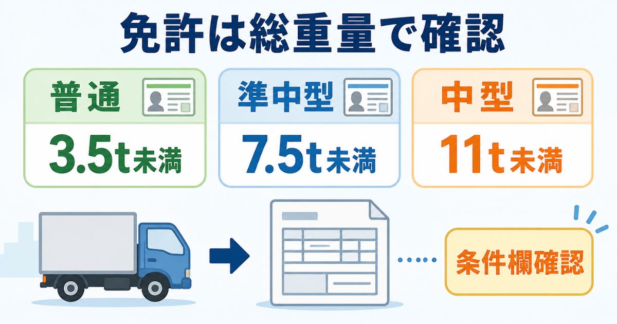 普通免許と準中型免許と中型免許の総重量境界を比較する図解