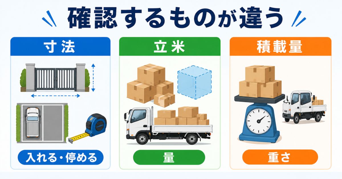 3トントラック選びで寸法・立米・積載量の確認内容が違うことを整理した図解