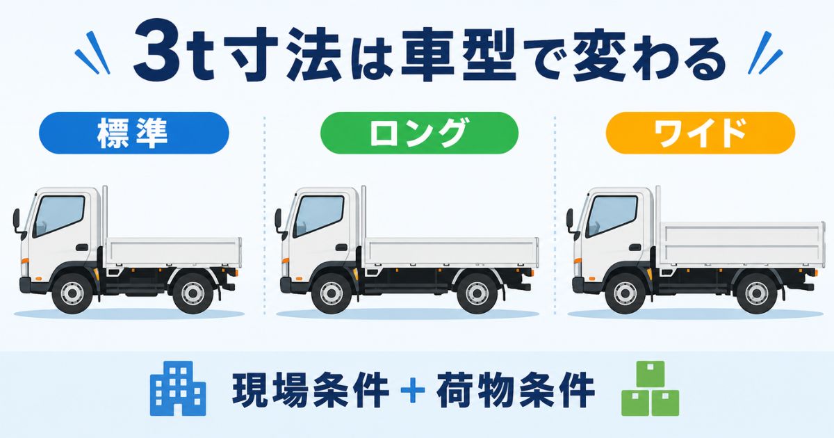 3トントラックは標準・ロング・ワイドで寸法が変わり現場条件と荷物条件で選ぶことを示す図解