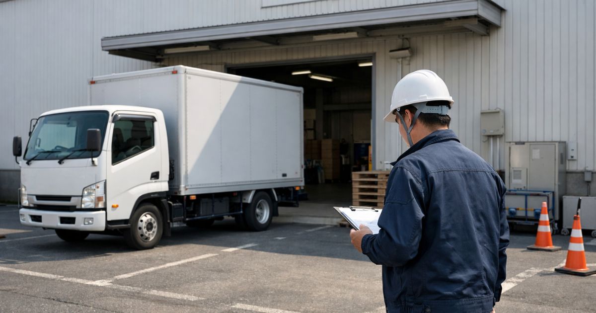 3トントラックの停車位置と周囲安全を現場で確認している様子