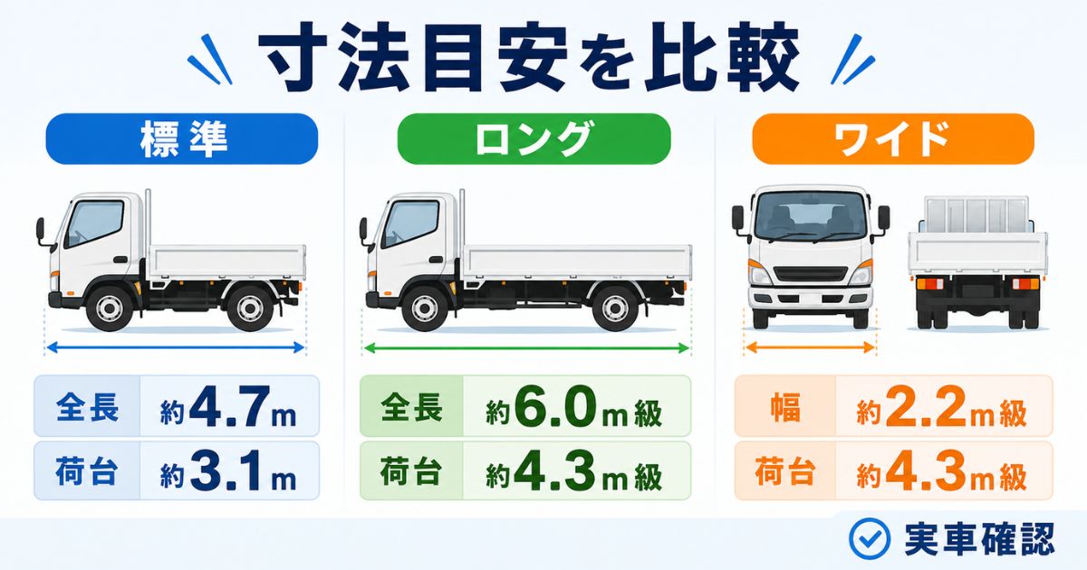 3トントラックの標準・ロング・ワイドロングの全長と荷台長の目安を比較した図解