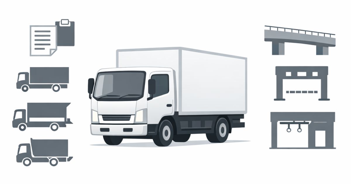 3トントラックの全高と進入先の最小部を照合して判断する図解