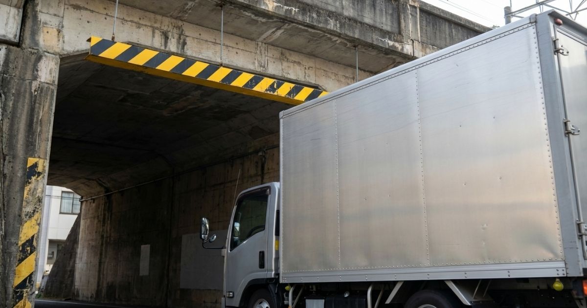 立体駐車場や高架下で高さの余裕を確認する3トントラック