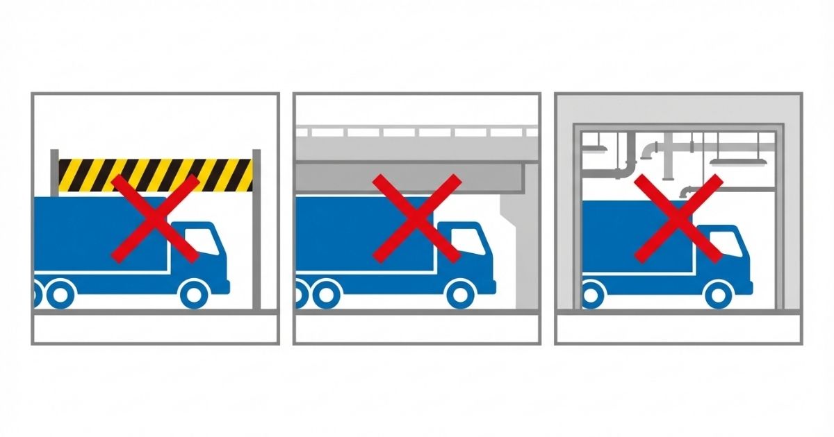 高さ制限で詰まりやすい3場面(立体駐車場・高架下・屋内搬入)の図解