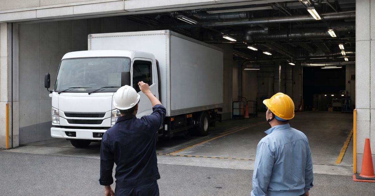 高さ条件が厳しい搬入口の手前で3トントラックが停止して確認している現場イメージ