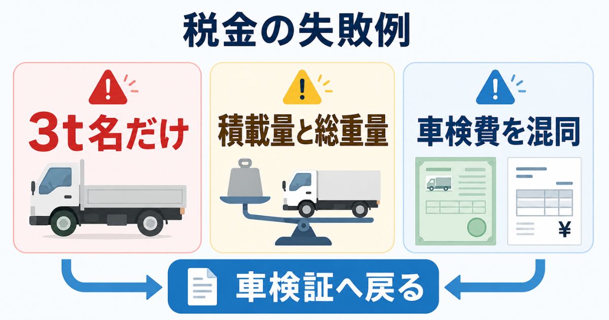 3トントラックの税金で3t表記や総重量や車検費を混同しやすい失敗例を示す図解