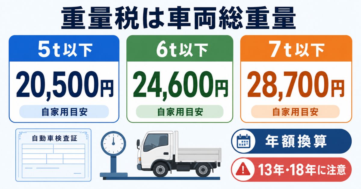 3トントラックの重量税を車両総重量5t以下6t以下7t以下で確認する目安図