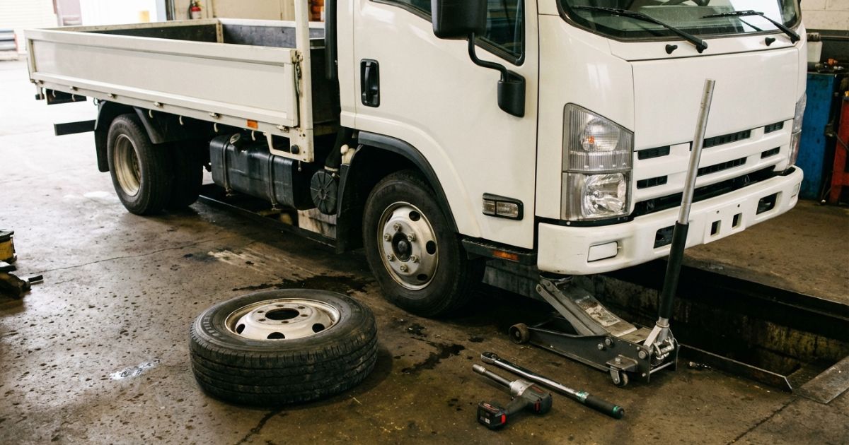 3トントラックのタイヤ交換準備をしている整備工場のイメージ写真