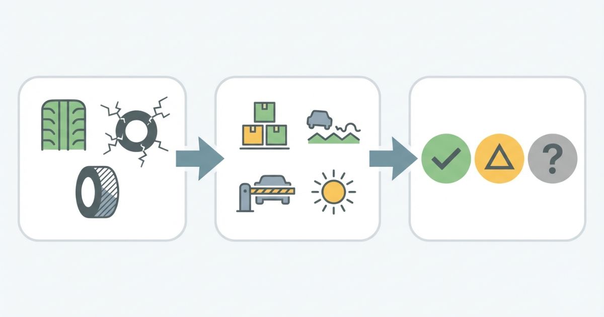 3トントラックのタイヤ交換は現物状態と使用条件で判断する流れを示す図解