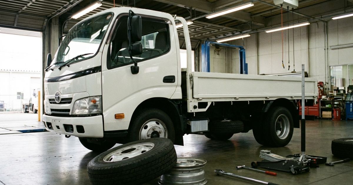 3トントラックのタイヤ点検と交換準備のイメージ写真