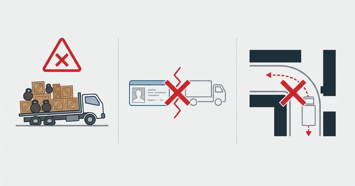 3トントラックで起きやすい失敗例(過積載・免許不一致・進入不可)の図解