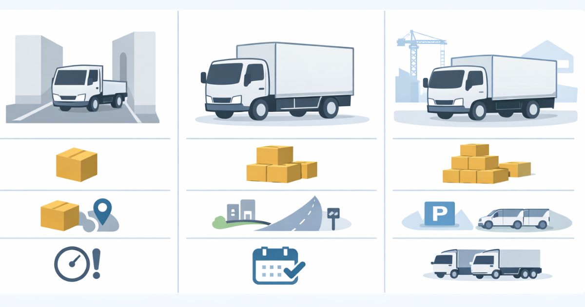 3トントラックを2t・4tと比較しながら判断する軸の図解