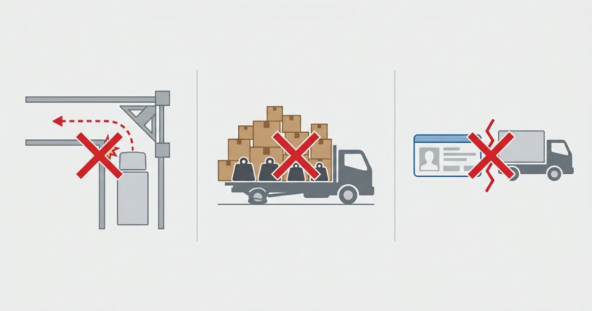 当日に起きやすい失敗例(入れない・積めない・運転できない)の図解