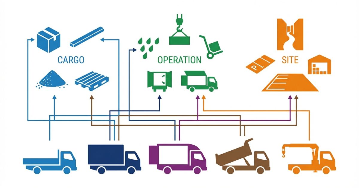 荷物×作業×現場条件から3トントラック形状を選ぶ判断軸の図解