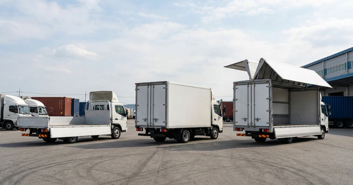 平ボディ・箱（バン）・ウイングの3トントラックが並ぶ外観イメージ