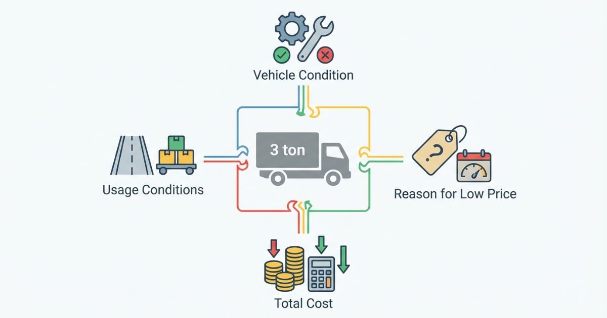 3トントラック中古激安が成立するか判断するための判断軸図解