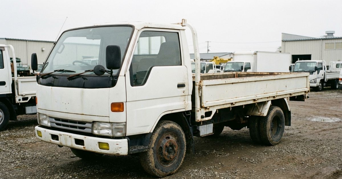 中古の3トントラックを購入前に確認している現場イメージ