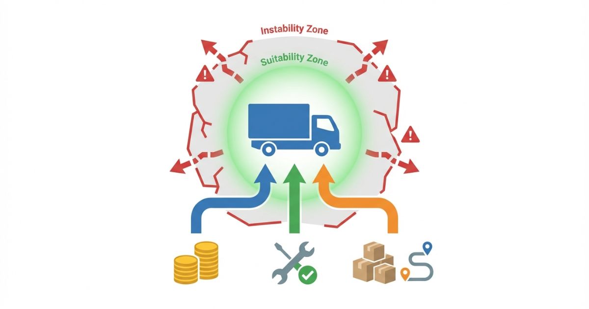 中古3トントラックを価格帯・状態・用途適合で判断する考え方を示した図解